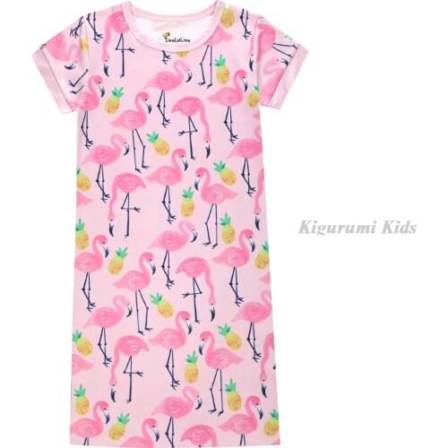 Summer Girls Sleepwear Kids Child Girl Night Dress Pink Princess Nightgown Children Pajamas Dress Flamingo Cartoon Long Nighty