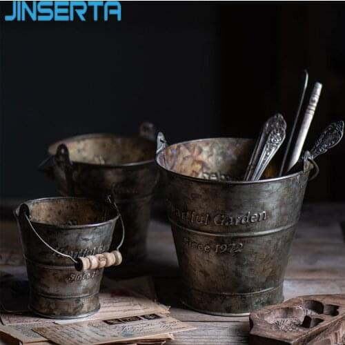 JINSERTA Metal Serving Tray Antique Old Iron Tableawre Container with Handle Home Sundries Organizer Garden Flower Pot Decor