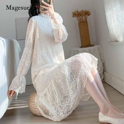 2020 Autumn Sweet Temperament Lace Dress Mid-length Mid-calf Long Dress Solid A-Line Flare Sleeve Stand-up Collar Dress 12044