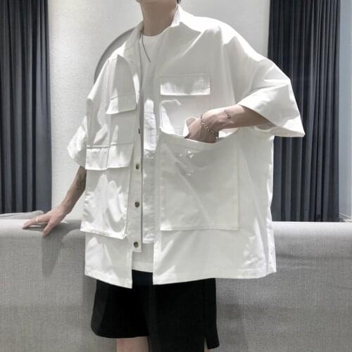 Mens Summer New Short Sleeve Shirts Muti-pockets Vintage Fashion Large Blouse Top 2021 Black/White Shirt For Men Plus Size XL-M