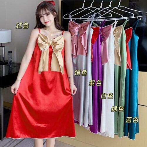 Sexy Lingerie Spaghetti Strap Silk Satin Sweet Bow Nightgowns for Women 2020 Summer Sleepwear Night Dress Nightdress Home Nighty