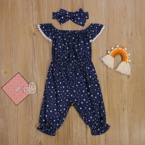 Summer Autumn Baby Girls Two-piece Clothes Set Navy Star Printed Pattern Boat Neck Short Sleeve Jumpsuit and Headdress