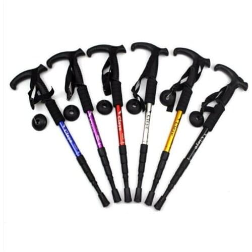 Wholesale Aluminum Alloy Shockproof T-handle Four Section Climbing Stick crutches Outdoor Walking Stick Tourism Supplies