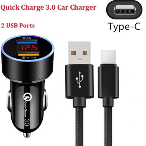 QC3.0 Dual Car Charger Type C Magnetic USB Cable Quick Charge Cord For Xiaomi MI 9 10 Pro Redmi 8 9 Note 8 9 8T K20 K30 Pro