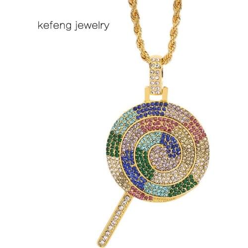 Multicolor Hip Hop Bling Iced Out Cubic Zircon CZ Lollipop Necklace & Pendant For Men Jewelry Charm Long Chain Jewelry