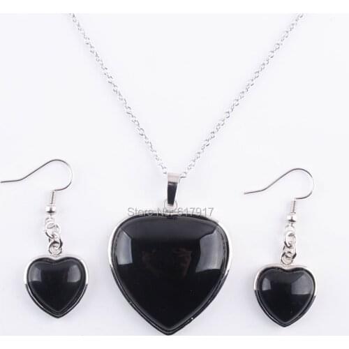 RONGZUAN Black Agates gem Stone Heart Love Beads Pendant Necklace Earrings Jewelry Set Silvers Chain Necklace 18" TQ3080