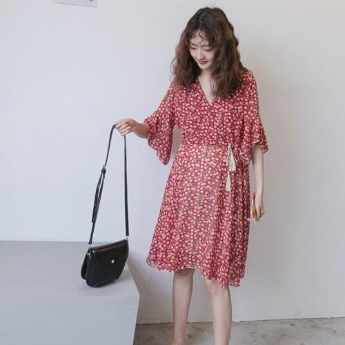 Maternity Red Print Chiffon Dresses Expectant Mother V-Neck Dress Pregnant Women Loose Half Sleeve Dress Pregnancy Clothes