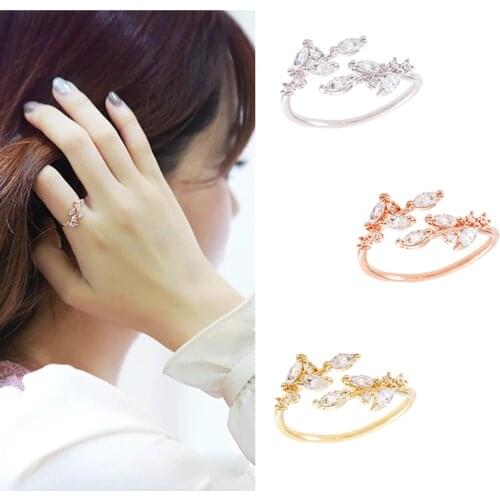 Shinning Zircon Rings Fashion 2017 Simple Elegant Leaves Open Adjustable Rings For Women Bijoux
