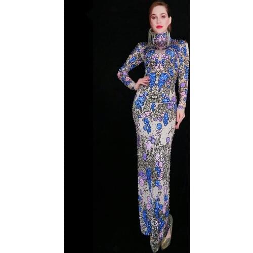 Modern Women Singer Stage Costume Flower Print Stretch Long Dress Nightclub Dj Dancer Wear Prom Birthday Party Outfits VDB3160