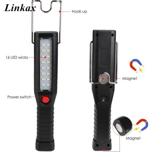USB Rechargeable 16LED Magnetic Work Light Inspection Lamp 3-Mode Led Flashlight Hanging Hook Lamp Torch Built in Battery