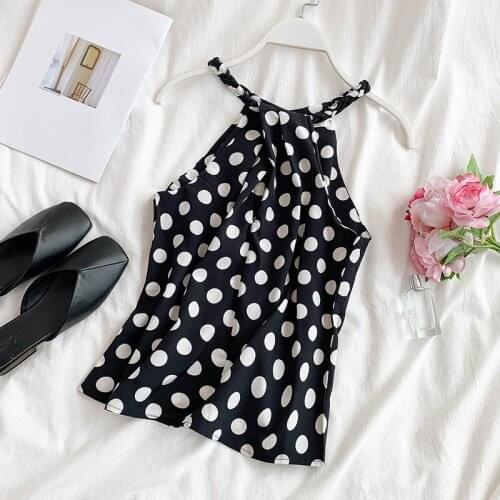 Chic Retro Polka Dot Print Halter Retro Vintage Polka Dot Print All Match Top Blouse Black/White