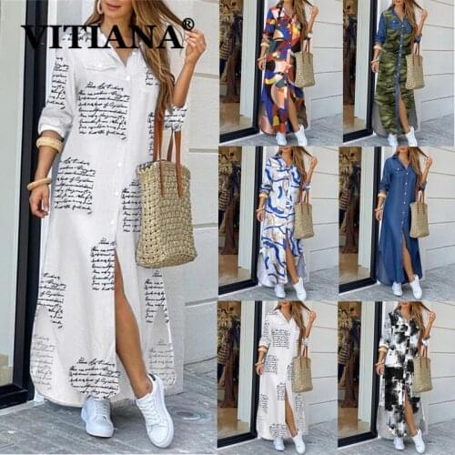 VITIANA Women Casual Long Dress For Womens Autumn 2020 Female Long Sleeve Buttons Print Elegant Dresses Woman White Vestidos