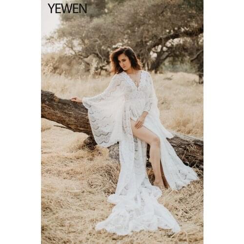 YEWEN V Neck Backless Long Sleeves Stretch Lace Maternity Dress for Photography Leg Slit Maternity Gown Fancy Photography Props