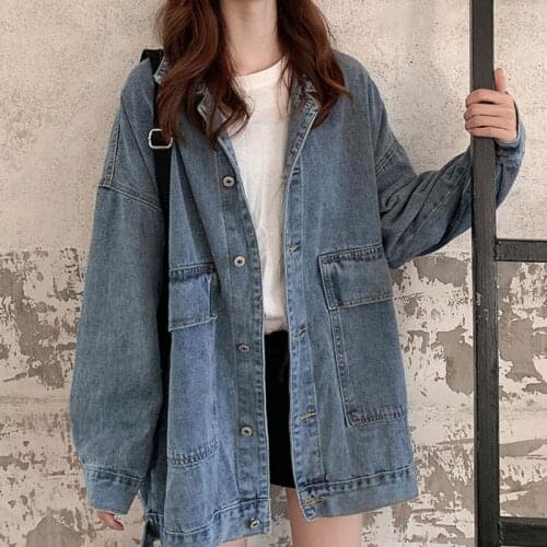 Oversized Spring Autumn Big Pocket Harajuku Vintage Denim Jacket Women 2021 New Fashion Loose Long Sleeve Jeans Coat Female A821