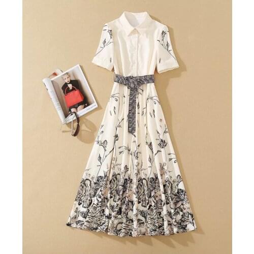 Womens American European and clothing 2021 summer new style Short sleeve lapel Fashionable belted print dresses