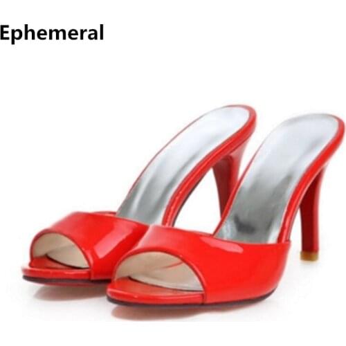 Ladies 8.5cm Super High Heel Shoes Slippers Heels Patent Leather Open Toe Slides Summer Comfortable Red White Larger Size 43-33