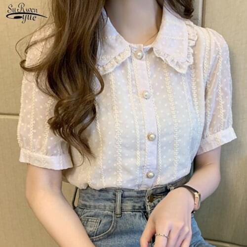 2021 Doll Collar White Girlish Jacket Short Sleeve Janpenese Style Cute Bottoming Shirt Chiffon Blouse Women Fashion Shirt 14199