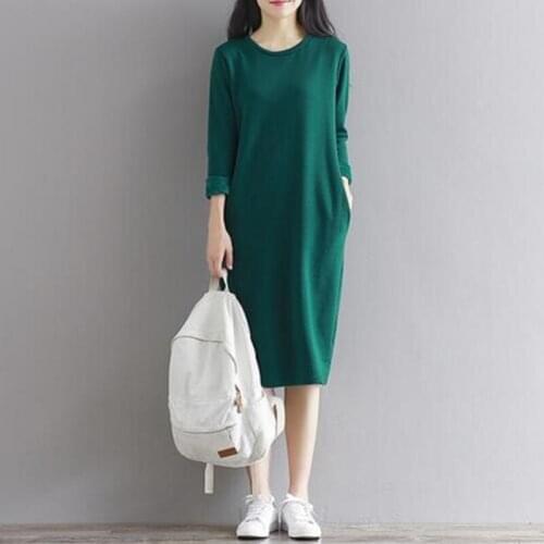 Plus Size XS-5XL/6XL 2020 Elegant Women Autumn Winter Full Dress,Thickening Warm Long Sleeve with Pockets O-neck Slim Lady Cloth