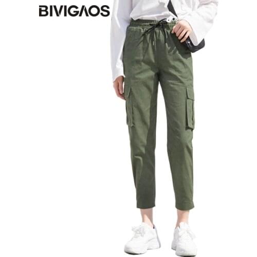 BIVIGAOS New Women Harajuku Stylish Cargo Pants Korean Overalls Trend Fashion Casual Slim Harem Pants MAGIC TAPE Ninth Pants