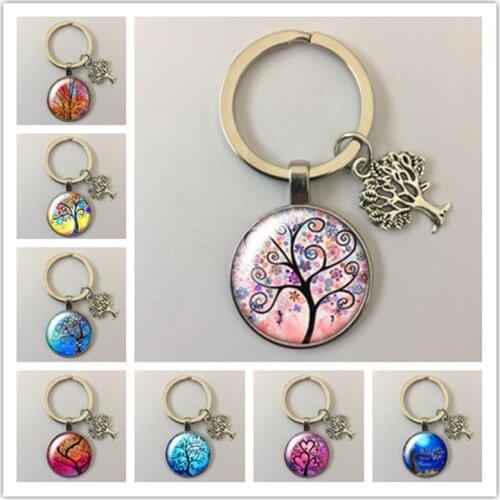 New Colorful Life of Tree Beauty glass cabochon keychain Bag Car key chain Ring Holder Charms keychains gift