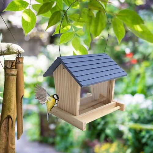 Wooden House Shape Bird Feeder Rainproof Courtyard Pet Bird Seeds Holder Hanging Birdhouse for Garden Yard Outdoor Decor