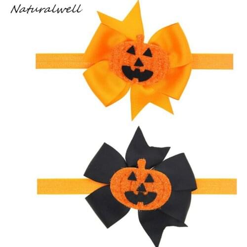 Naturalwell Baby Girls Halloween Pumpkin Hairband Halloween Bow Orange And Black Headband Hair Bows Children Photo Prop HB596