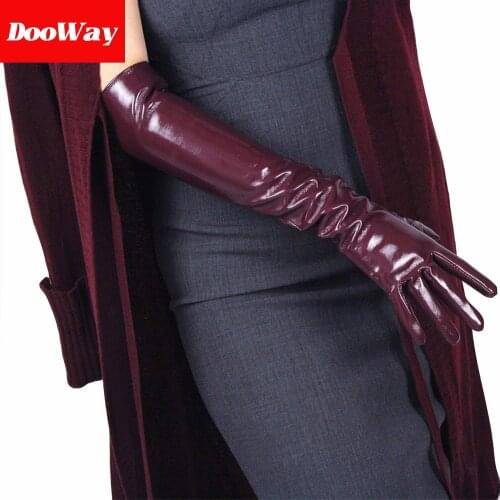DooWay Women Latex Long GLOVES Shine PU Leather Faux Patent Wet Look 20-inch Opera Cosplay Dark Red Purple