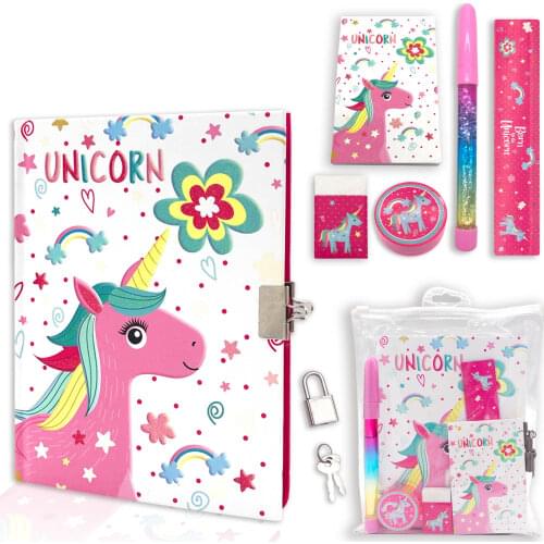 Diario Secreto with Lock for Kids, Unicorn Journal Set Includes7.1x5.3Inches Notebok Memo Pad Glitter Pen Ruler Sharpener Eraser
