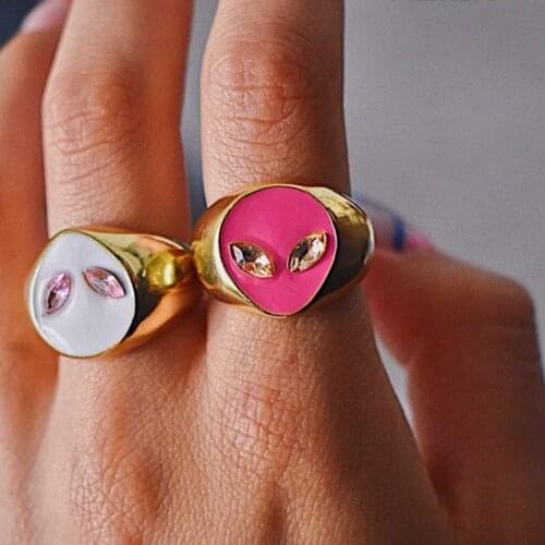 Flatfoosie Fashion New Alien Heart Enamel Rings For Women Gold Color Sweet Star Yin Yang Index Finger Rings Party Street Jewelry