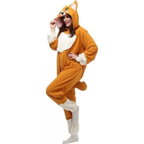 Polar Fleece Adult Corgi dog Onesies Sleepwear Cartoon Animal Cosplay Pajamas Pyjamas Halloween Party Costume for Women Men