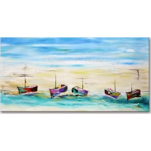 Mintura Wall Picture for Living Room Oil Paintings on Canvas Hand Painted Blue Skies Beaches And Boats Home Decor Art No Framed