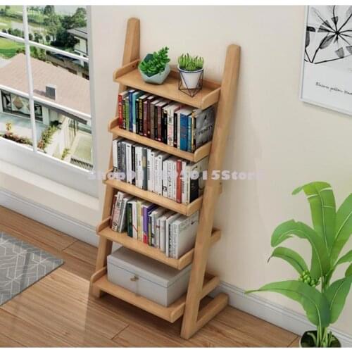 All Solid Wood Bookshelf Creative Flower Stand Modern Minimalist Floor-to-wall Trapezoidal Bedside Shelf Storage Cabinet