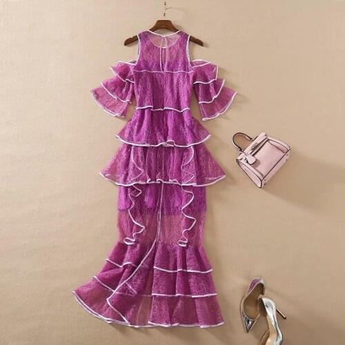 Lace Purple Designer Fashion 2021 New Arrival Women Off Shoulder Cascading Ruffles Hollow Out Christmas Dress