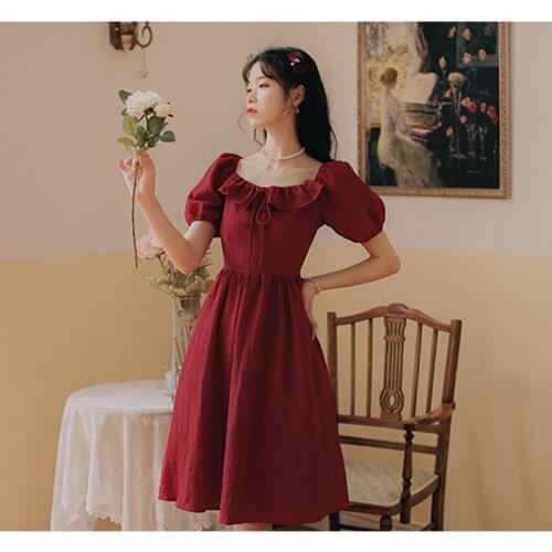 Summer Ruffle Stitching Short-Sleeved Sweet Kawaii Dress Women 2021 Ladies Sexy V-neck Puff Sleeve Gentle Solid Color Vestido