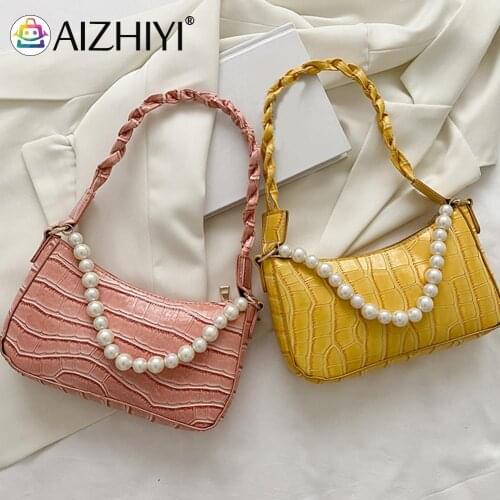 Fashion Women PU Leather Solid Color Pearl Chain Shoulder Underarm Bag Casual Ladies Alligator Pattern Small Purse Handbags