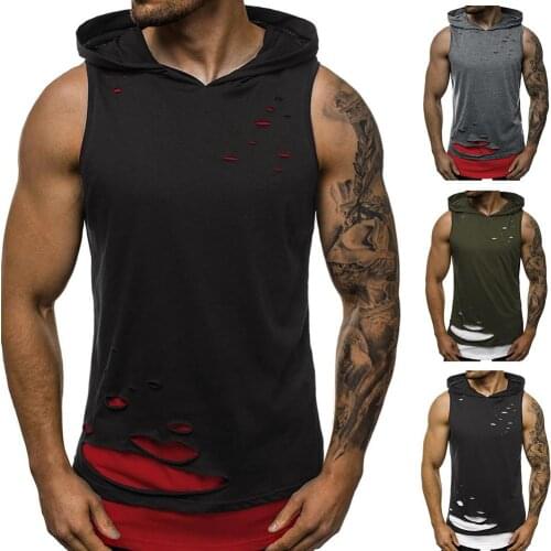 Men Summer Stylish Double-Layer Ripped Vest Sports Hoodie Blouse Summer Workout Running Vest Sports Sleeveless Shirt