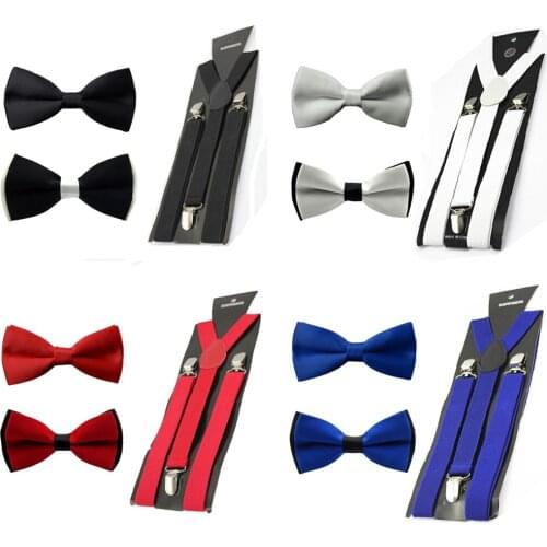 Men Solid Pre-tied Bowtie Bow Tie Elastic Y-Back Suspender Clip On Brace Set BWSET0305