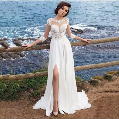 Wedding Dress A-Line O-Neck Three Quarter Button Side Slit Lace Appliques Sequined Floor Length Sweep Train Bride Gown 2021