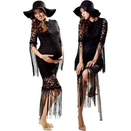 Maternity Dresses Women Black Lace Tassel Dress Maxi Maternity Gown Maternity Photography Props Pregnant Clothes Pregnancy Dress