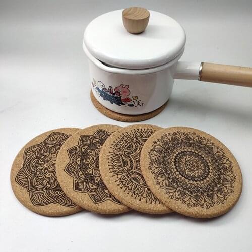 1 Set Mandala Round Cork Coasters with Rack Wooden Coaster Cup Pads for Home Office Coasters
