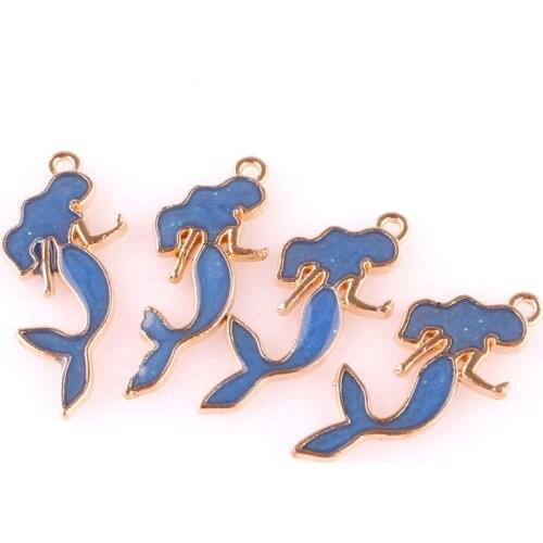 10pcs Blue Mermaid Girl 13*29mm Alloy Enamel Charms Jewelry Making Drop Oil Pendant DIY fit Bracelet Necklace Fashion Accessory
