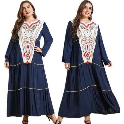 Plus Size Muslim Women Embroidery Ethnic Long Dress Vintage Loose Casual Islamic Clothes Ramadan Kaftan Abaya Maxi Robe Fashion