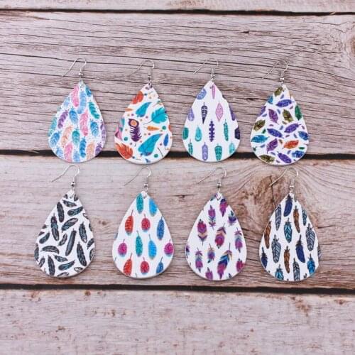 ZWPON Colorful Feather Print PU Leather Earrings for Women Fashion Leather Teardrop Earrings Jewelry Wholesale