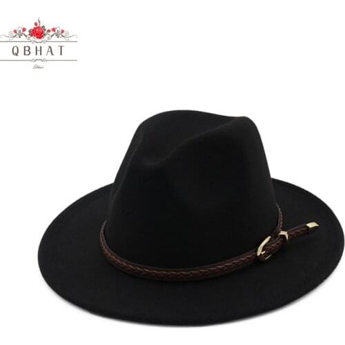 QBHAT High Quality Wide Brim Wool Felt Formal Party Jazz Trilby Fedora Hat with Belt Buckle Casual Panama Fedoras Cap QB33