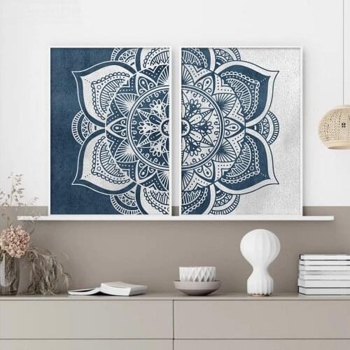 Blue Grey Mandala Printed Canvas Painting Minimalist Flower Pattern Wall Art Decorative Posters Pictures for Bedroom Home Decor