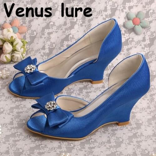 Blue Wedge Shoes for Party Wedges High Heeled with Bowtie Ladies Pumps