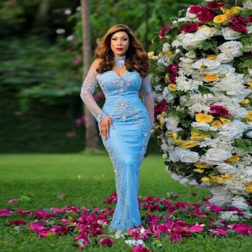 Blue High Neck Plus Size Evening Gowns Sheer Long Sleeves Beaded Mermaid Prom Dresses Grid Style African Formal Party Dress