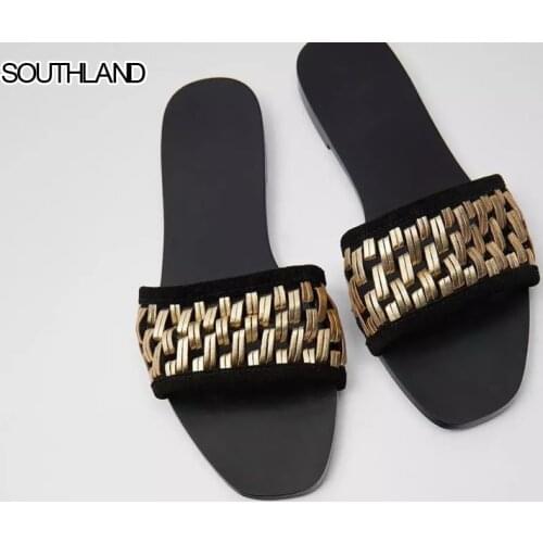 SOUTHLAND Summer woven Slides beach women slides casual slip on women flat slippers