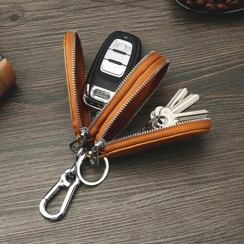 Key Bag Mens Leather Double Zipper Multifunctional Car Key Bag Key Wallet Coin Pouch Purse Housekeeper Key Bag