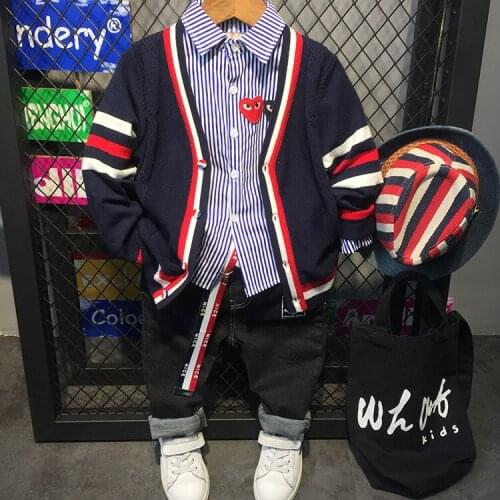 Autumn winter boys clothing set Knit cardigan + striped shirt + jeans 3piece set boys clothes casual kids clothes 2-6years